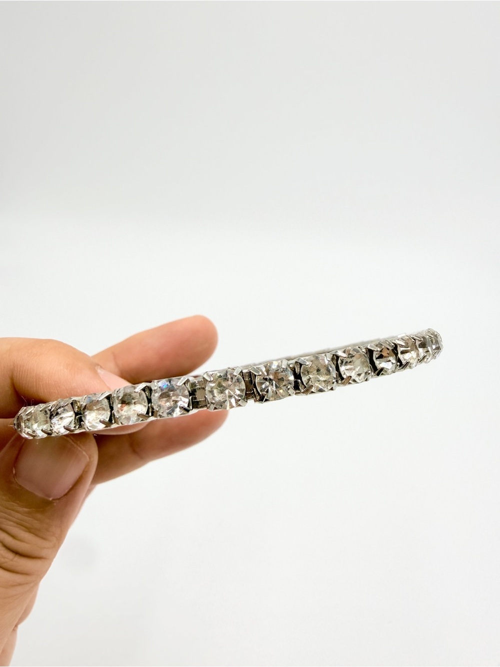 Vintage Silver Tone Clear Rhinestone Statement Bangle Bracelet